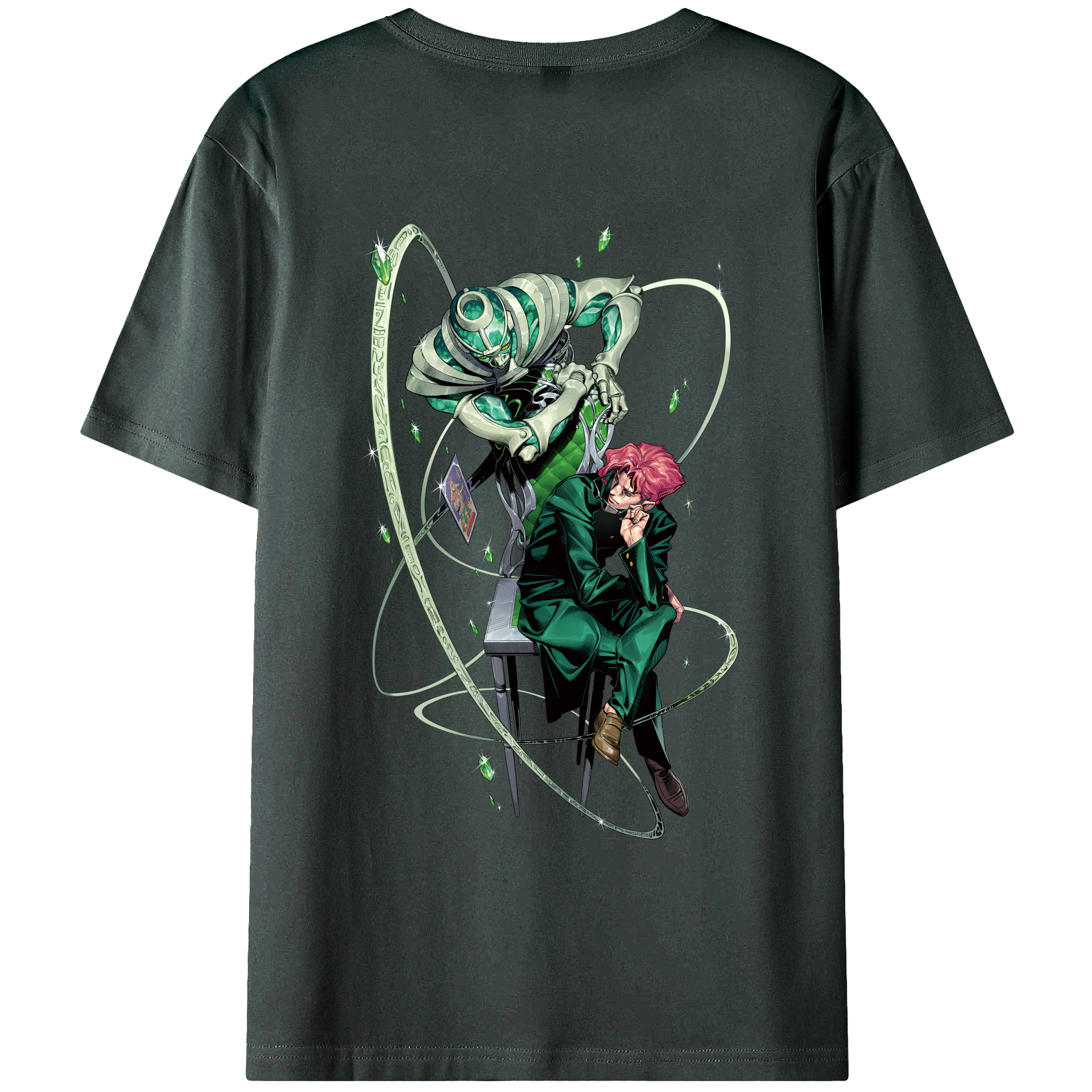 （画像用） ジョジョの奇妙な冒険 花京院 典明（かきょういん のりあき） JoJo's Bizarre Adventure Kakyoin Noriaki 綿100％ メンズ半袖Tシャツ（バックプリント） 通気性